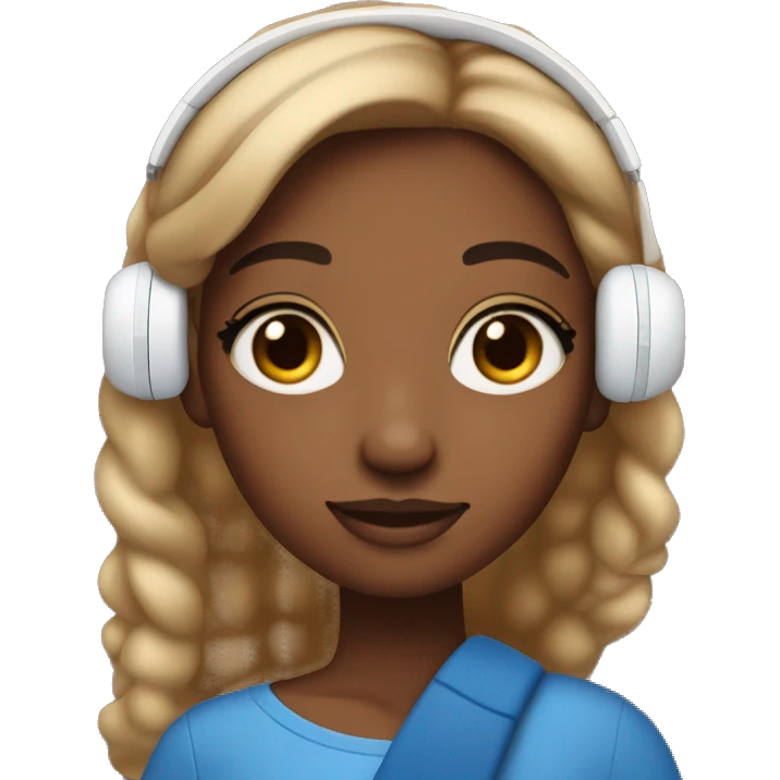 A girl with brown skin a little lighter than that listening to music on airpods and holding iphone 15 blue color emoji