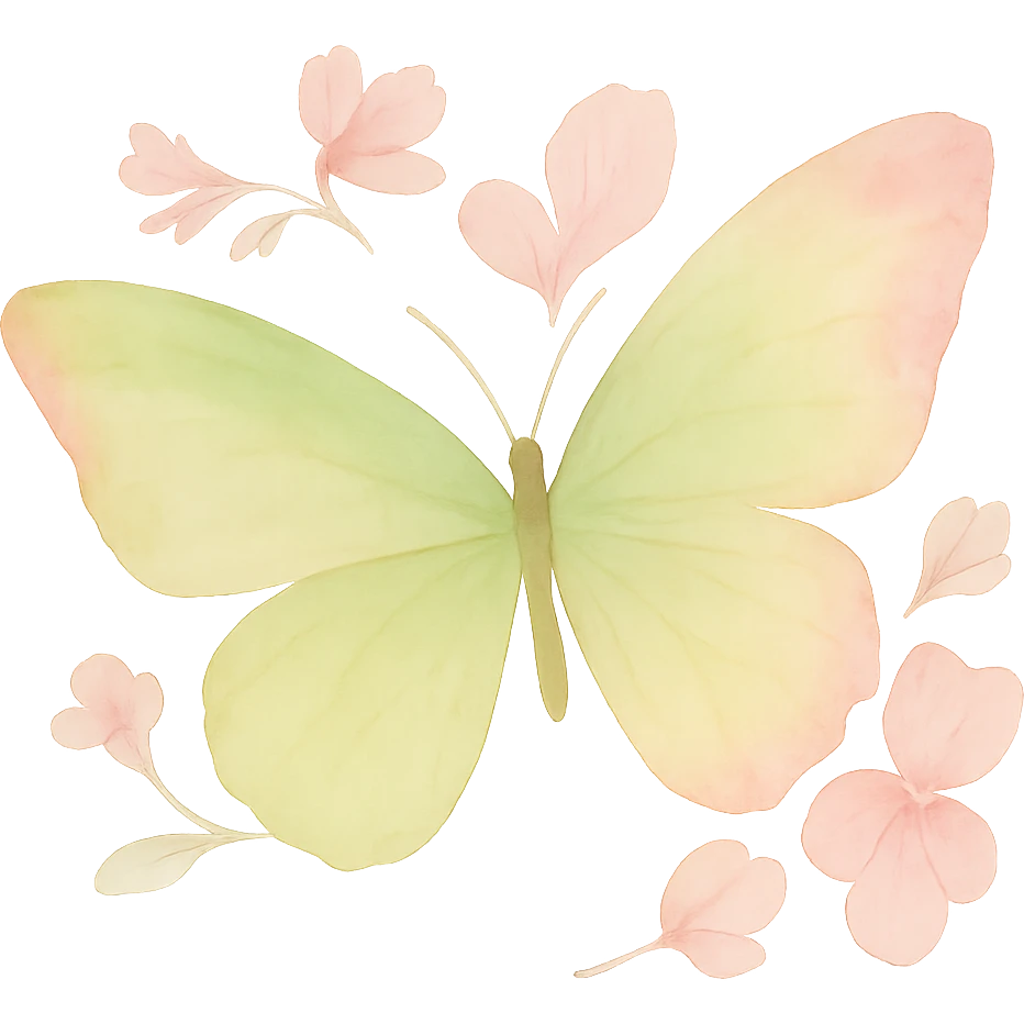 Create a one-to-one butterfly as in the example image, with the main colors being #c0ff53 green and pink. Include all flowers and details exactly as in the example. Use watercolor art style. Remove the background. emoji