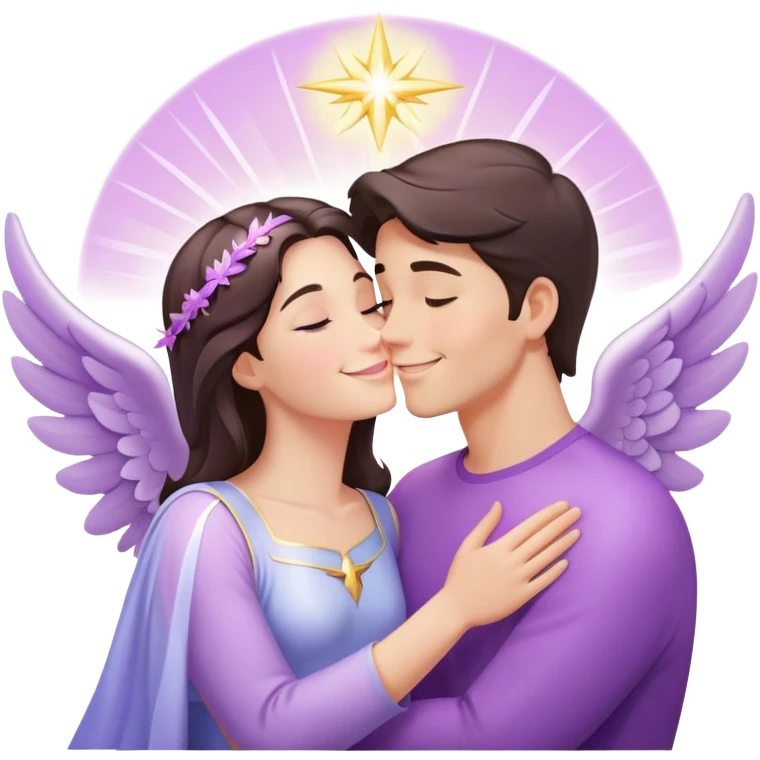 White brunette man with rays of light Heart kissing pastel purple angel woman emoji