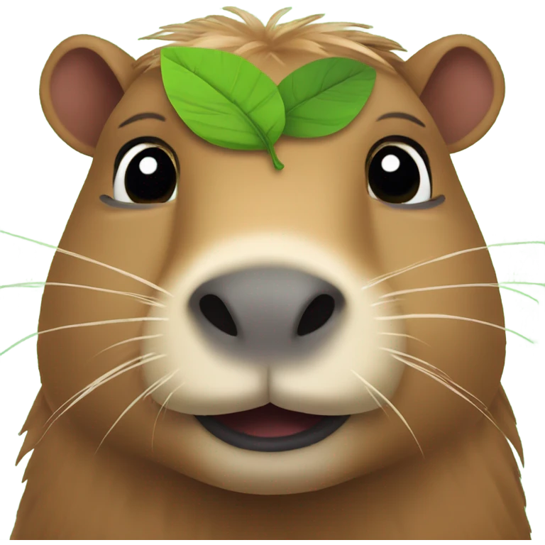 A CAPYBARRA LIKE EMOJI LOOKING AT THE CAMERA WITH A LEAF ON THE HEAD emoji