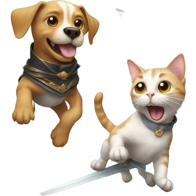 flying dog and cat standing on a sword,  emoji