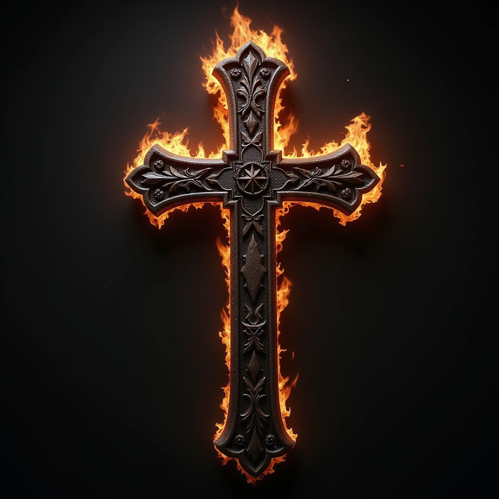 realistic gothic cross, with a dark flame, photorealistic style emoji