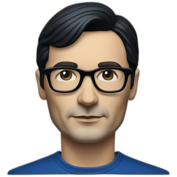 photo realistic Ralf Hutter from Kraftwerk, short straight black hair, black glasses, Dark Blue T-shirt, facing left emoji