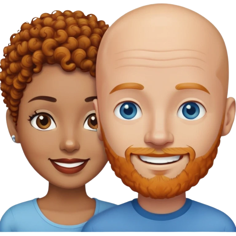 Light brown skin woman with short curly black hair and bald white man with blue eyes and ginger beard couple emoji