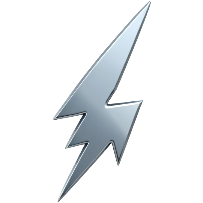 A lightning bolt emoji made of polished silver chrome, sharp yet rounded edges, glossy metallic surface, soft reflections, minimal futuristic design, iOS emoji style, centered, clean white background emoji