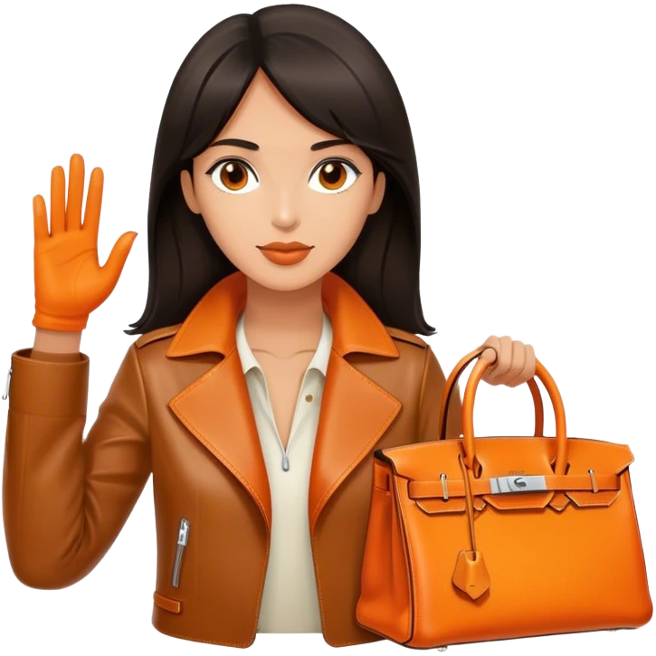 Beautiful exotic and tan woman wearing a leather Hermes jacket. She has an orange Hermes Birkin Bag. I want the image to be close up.  emoji