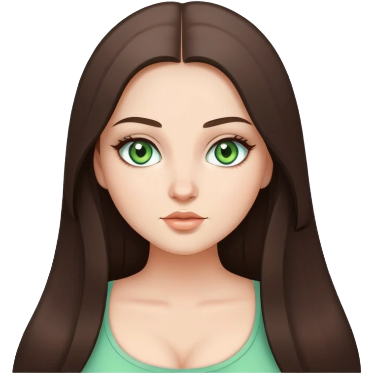 Curvy but beautiful brunette girl, very light green eyes, pin straight super long hair, modern style emoji