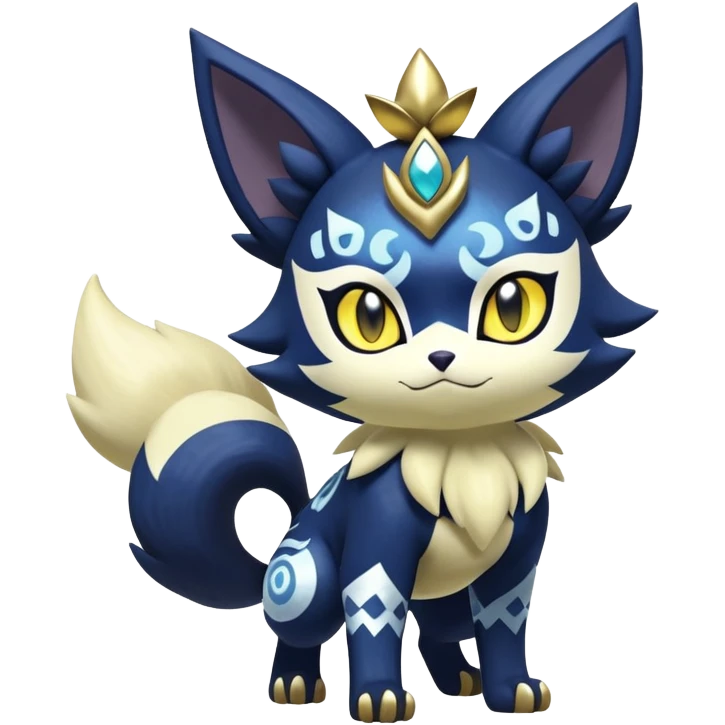 Shiny mExotic Badass Colorful Ethereal Royal Mysterious Gothic Meowstic-Zorua-Litten-Noibat-Pokémon-Fakémon-hybrid-creature (full body) with pattern-markings with golden eyes emoji