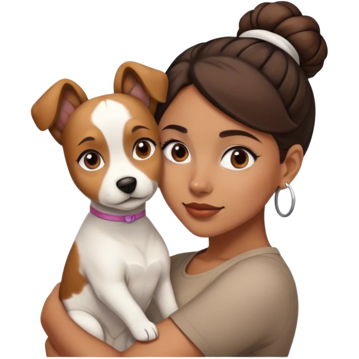 sort, 30 year old, brown girl, back Bun hairstyle, with a white brown dog emoji