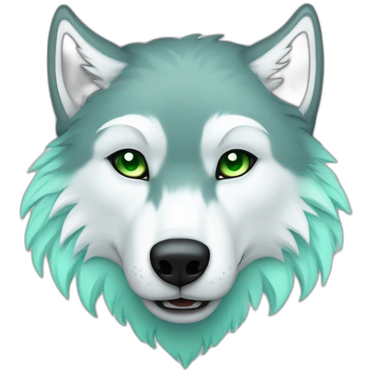 light turquoise and white wolf with green eyes and one eye is grey and dead emoji
