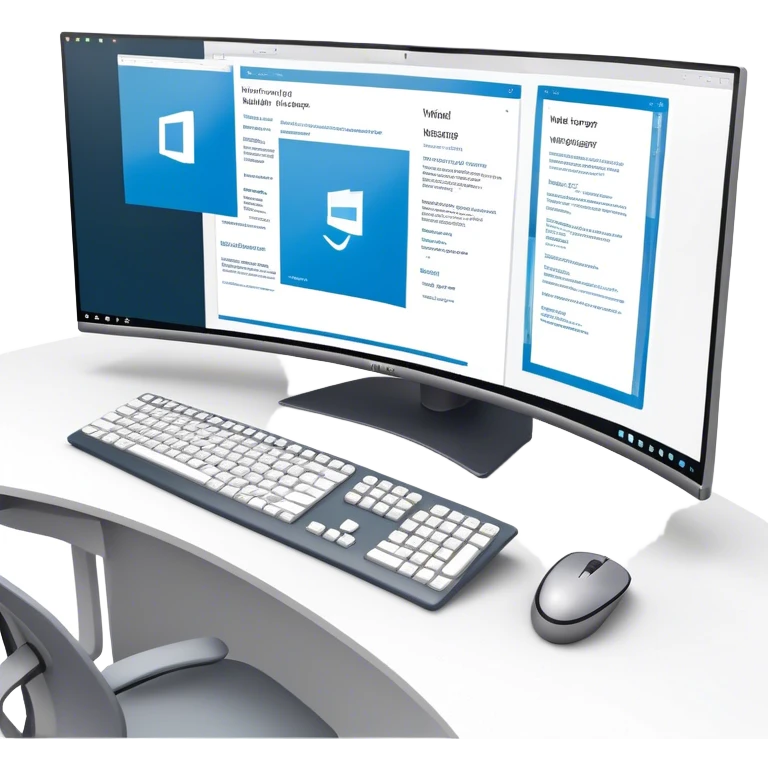 Create an emoji for UX/UI design. Show  large curved monitor displaying windows with UX/UI design HTML program interface. Include a mouse, keyboard, and stylus next to the screens. Use modern, professional colors. Do not include any emojis or smiley faces. Make the background transparent. emoji