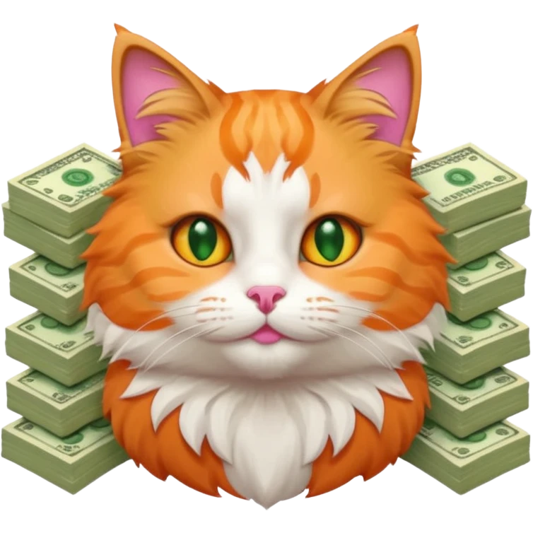 Cute cat surrounded by money emoji