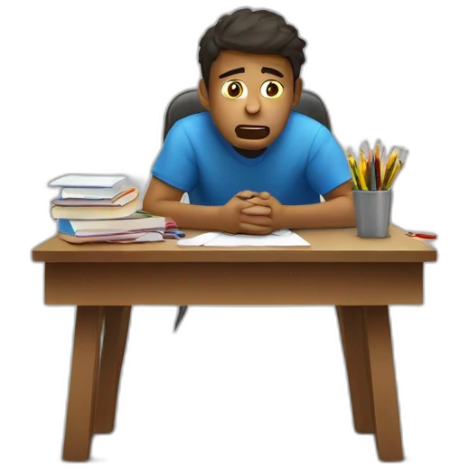 Sitting at his desk Terrified student learning stressed out for exam on desk emoji