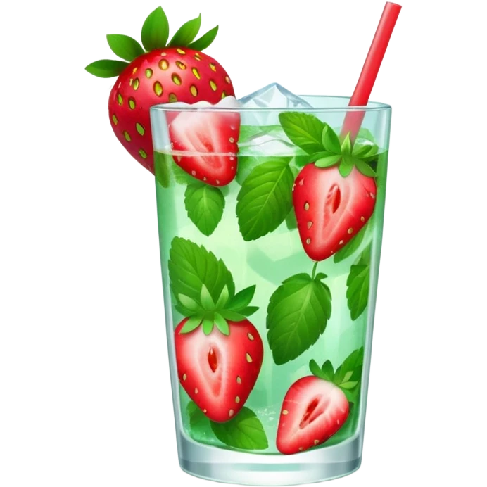 A 3D cartoon glass of strawberry mojito with mint leaves, ice cubes, and sliced strawberries, condensation on glass, bright lighting, Memoji-style realism. emoji