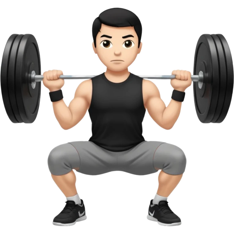 Hombre de cabello negro, tez moreno claro, vestido con playera negra, pants gris y tenis blancos tipo jordan haciendo sentadilla libre con barra con un disco de 20 kilos por lado visto de perfil  emoji