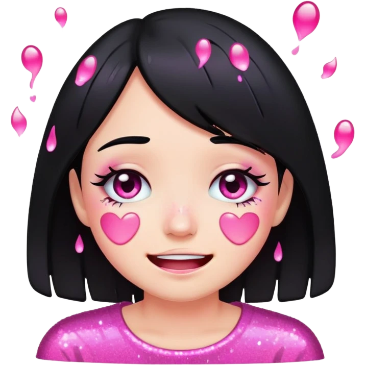 black hair girl crying with pink glitter tears, smiling, emoji style emoji