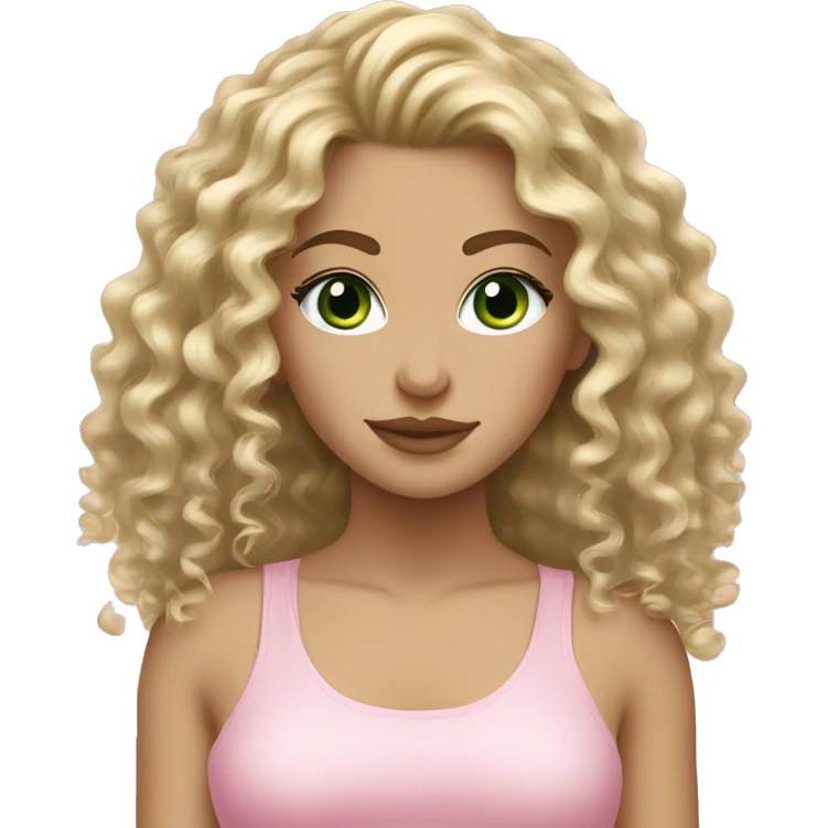 Dirty blonde curly hair, fair skin,dark green eyed blonde girl wearing light pink emoji
