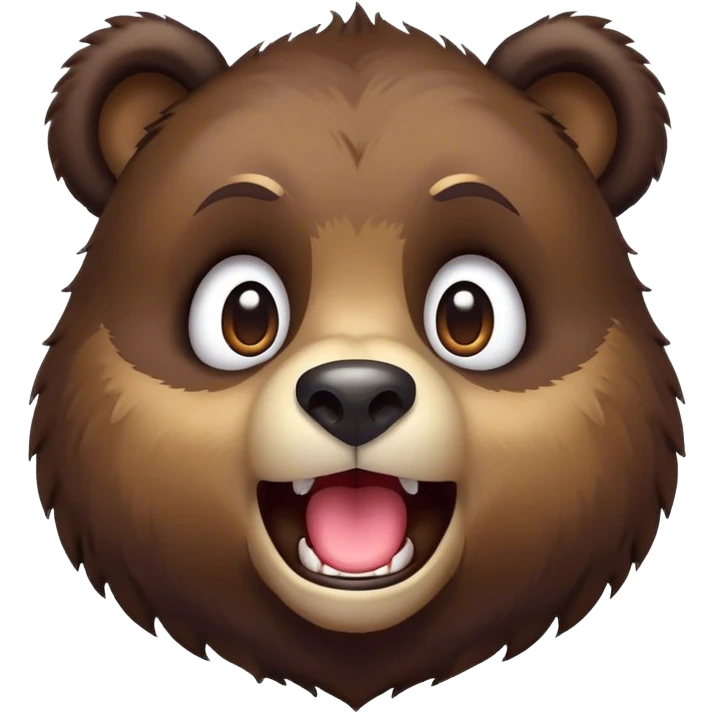Cinematic Comical bear cub Portrait Emoji, Head tilted dramatically with an exaggeratedly amused expression, featuring a striking, glossy dark brown fur with bold fur texture, wide, expressive eyes filled with playful disbelief, Simplified yet hilariously expressive features, highly detailed, glowing with a slightly sassy glow, high shine, dramatic yet playful, stylized with an air of cheeky wilderness mischief, bright and endearing, soft glowing outline, capturing the essence of a spirited and over-the-top bear cub, so meme-worthy it feels like it could roar its way into internet fame instantly! emoji
