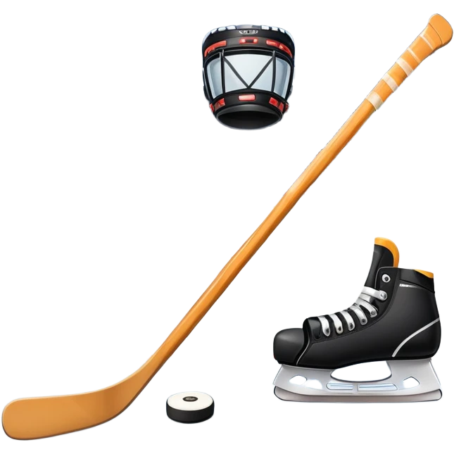 Please, make An icon featuring close-up shots of key hockey equipment: a hockey stick, puck, and skates. The background shows a packed stadium with cheering fans, bright arena lights, and an icy rink. Transparent background highlights the essentials of the game and the thrill of the sport. emoji