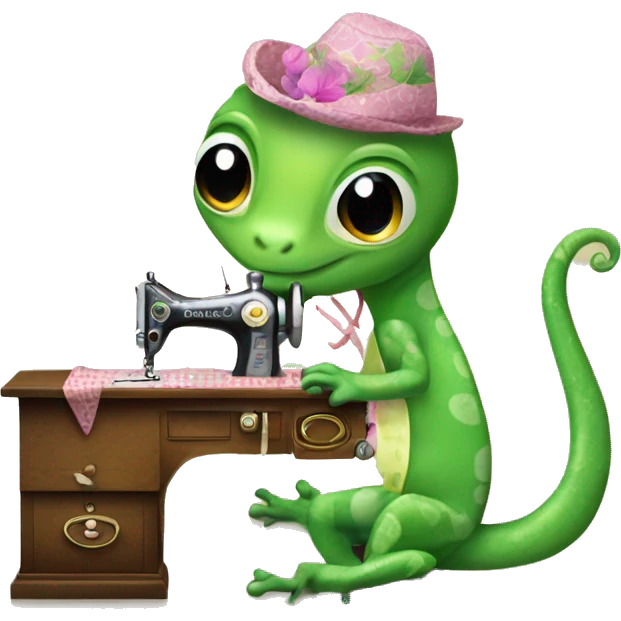 Sweet cute gecko sewing with singer machine emoji