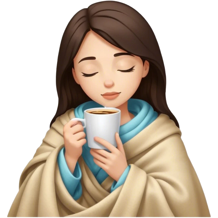 Girl brunette inside a blanket sipping coffee eyes closed emoji