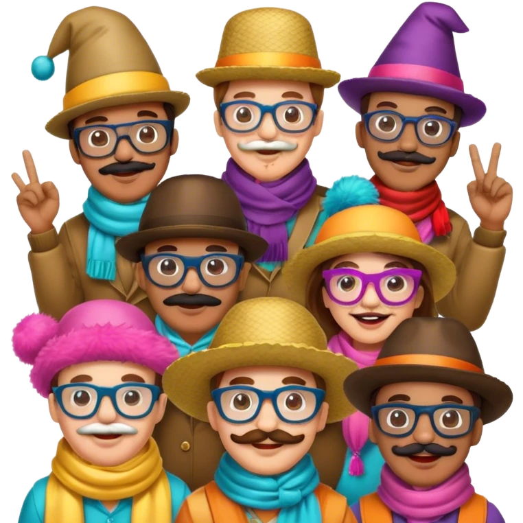 people wearing fun party costumes, mustaches, big glasses, boas scarves, funny hats, having fun celebration  emoji