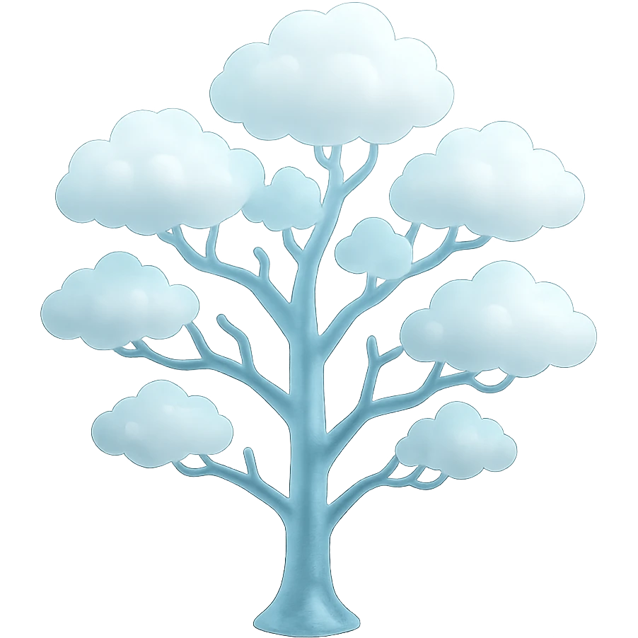 one tree with many branches and a white trunk, crown made of small very bright white fluffy convex clouds, matte glass style emoji