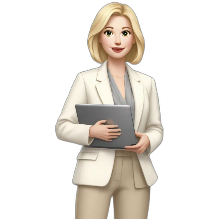 pale skin woman with ash blonde Straightened bob Hair, White Spacious classical jacket, beige palazzo Arrow pants and gray blouse holding a MacBook in the hands emoji