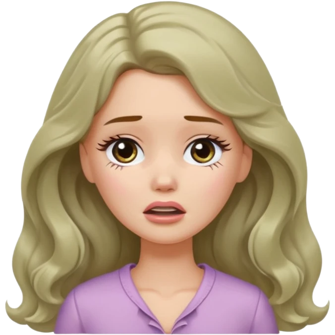 A white Barbie girl with long dark brown wavy hair in pale olive clothes crying emoji