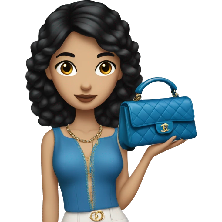 Spanish girl, straight black hair, blue eyes, Chanel handbag in hand emoji