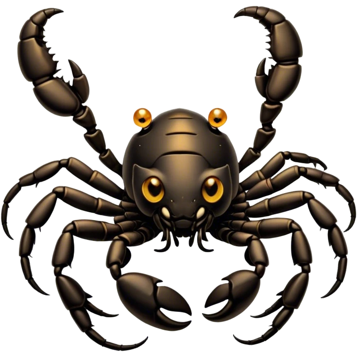 Cinematic Cute Emperor Scorpion Portrait Emoji, Head tilted playfully and inquisitively, with a compact, rugged build and a sleek, dark exoskeleton highlighted by delicate, intricate patterns and round, sparkling eyes full of curious defiance, Simplified yet irresistibly adorable features, highly detailed, glowing with a warm, friendly glow, high shine, affectionate and quirky, stylized with a touch of desert whimsy, soft glowing outline, capturing the essence of a mischievous yet endearing scorpion that feels like it could pinch its way out of the screen into your arms! emoji