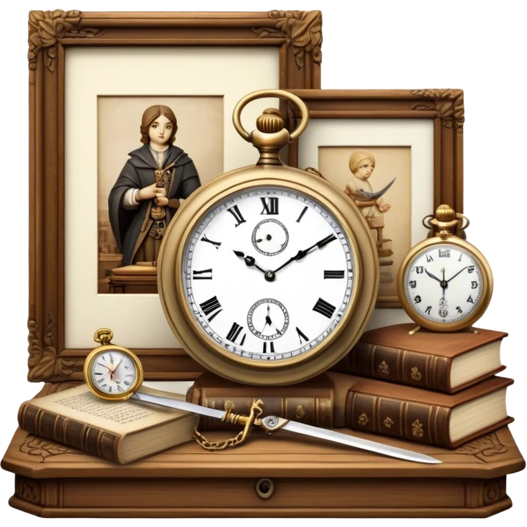 Icon for Antiques Collecting: antique carved  table, a vintage pocket watch and a porcelain figurine, all placed on a wooden antique carved table surrounded by aged books and antique swords. The icon should evoke the elegance and history of antique collecting. Transparent background. emoji