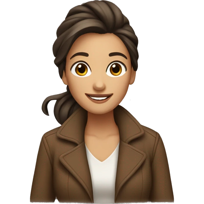 woman, brown and long hair, hair up to left side, smiling, big eyes, brown jacket, brown eyes emoji