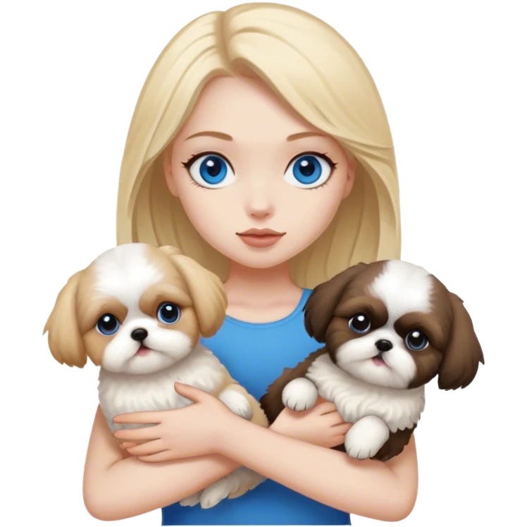 Blonde girl with pale skin and blue eyes  holding 2 Shih tzus one tan and one all black  emoji