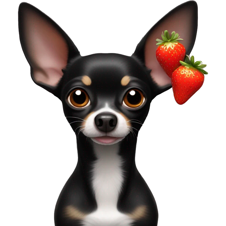 Long black chihuahua with a white mouh and dash under ears and a strawberry in its mouth emoji