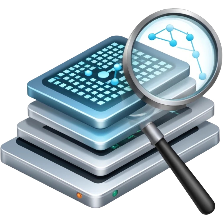 An icon featuring stacked server disks, a digital network grid, and binary code, symbolizing databases. The design includes data flow arrows and a magnifying glass, representing storage, organization, and retrieval of information. Transparent background highlights data-driven technologies. emoji