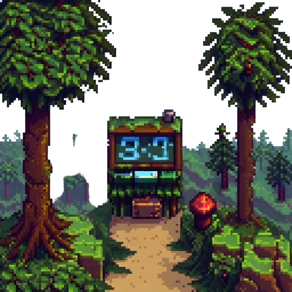 Pixel art Twitch starting soon screen with Minecraft landscape, blocky trees, and a pixelated countdown clock emoji