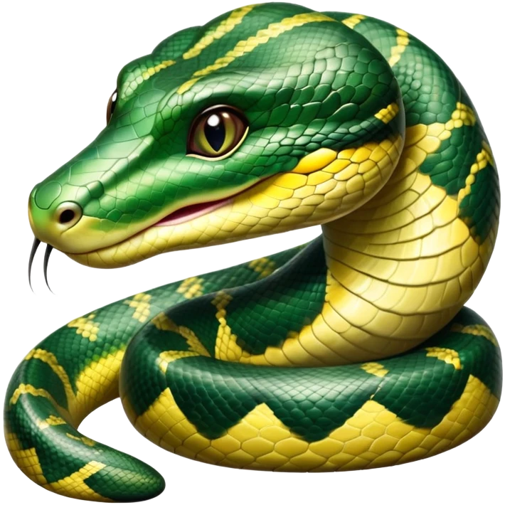 cinematic-cute-Green anaconda-portrait-emoji,-head-tilted-playfully-and-inquisitively,-with-a-sleek,-shimmering-body-adorned-with-detailed-scale-sriped patterns-and-round,-sparkling-eyes-full-of-wonder,-simplified-yet-irresistibly-adorable-features emoji