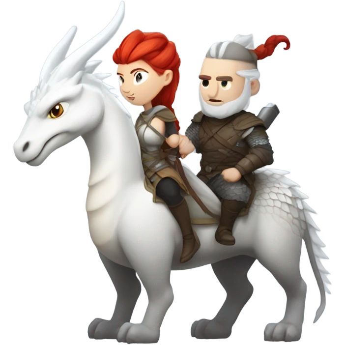  White Viking red head pale skin beautiful dragon  queen with a Viking solder with a gray man bun built white solder on a dragon  emoji