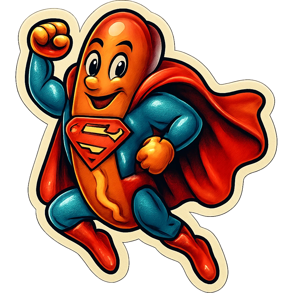 hot dog dressed as Superman, superhero pose, cape, nostalgic stickers, bold gradients, and soft borders evoke an 80s-90s glossy aesthetic emoji