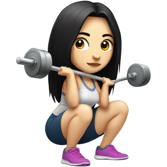 Pale girl with long black hair squatting weight, with laptop  emoji