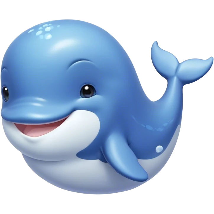 Cinematic happy baby whale, chubby rounded body, tiny smiling face, soft pastel blue hues, gentle glowing waves around, joyful and soothing. emoji