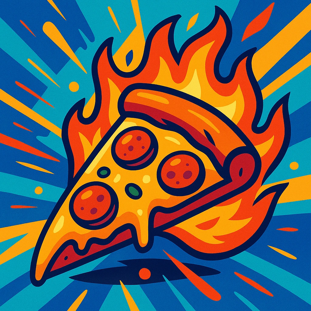 pizza slice on fire, cartoon style, vibrant and dynamic, bold colorful, energetic illustration emoji