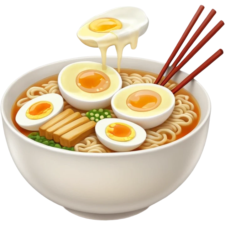 ["Bowl of ramen with soft-boiled egg and chopsticks."] emoji