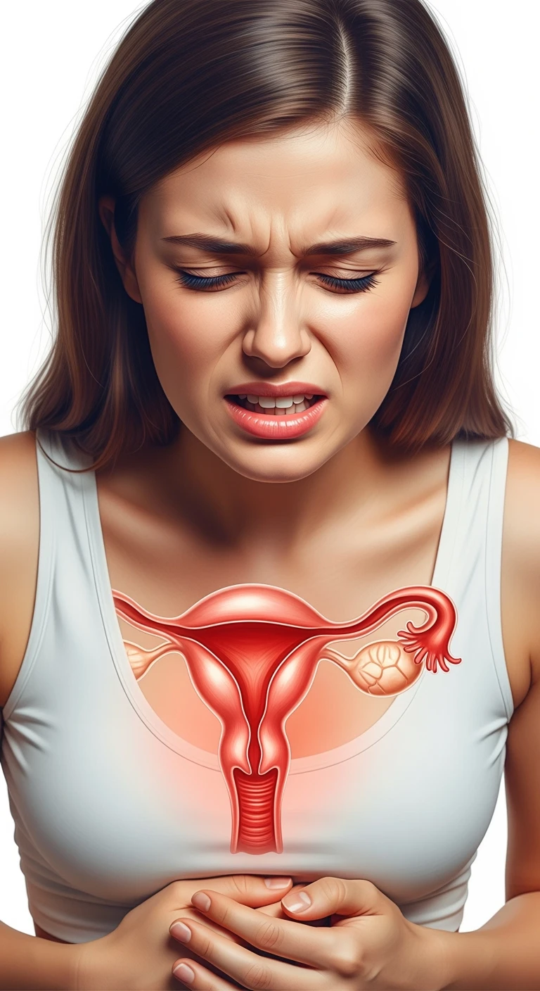 donna con utero umano realistico in evidenza dolorante, espressione di dolore in volto, sfondo bianco, non farla computerizzata, ma iperrealistica 4k emoji