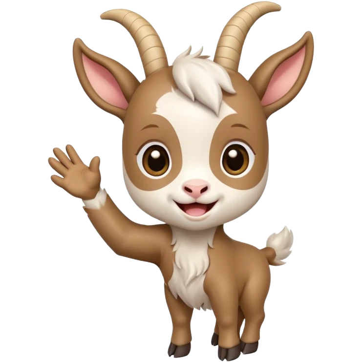 Chibi baby goat with a joyful expression, waving hello with one hoof, simple clean chibi stickers style, designed for a small emote, white background. Make sure that the hoof is not a hand. emoji