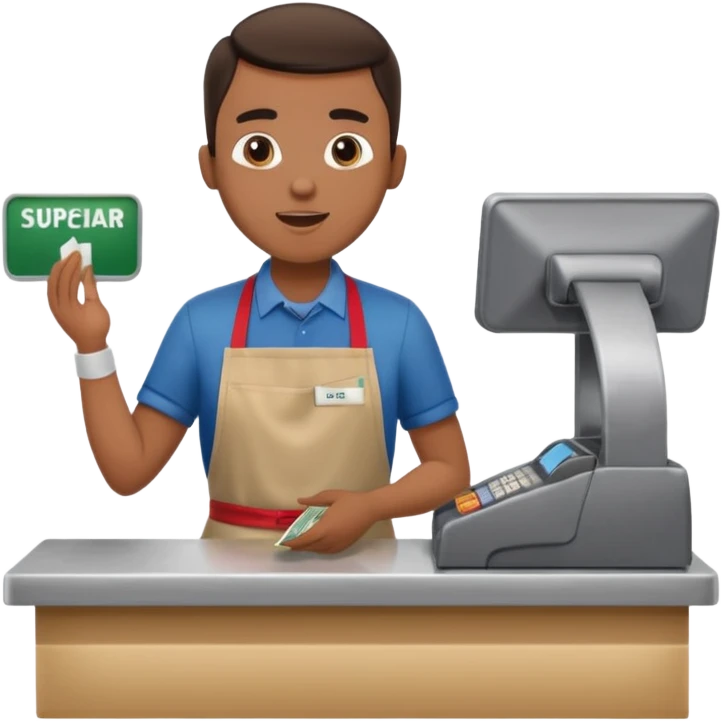 Supermarket employee at a cash register, full body, serving a man surprised emoji