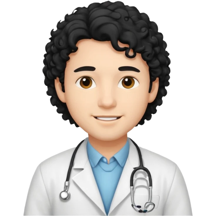 a young male doctor with black long curly hair and cheerful face emoji
