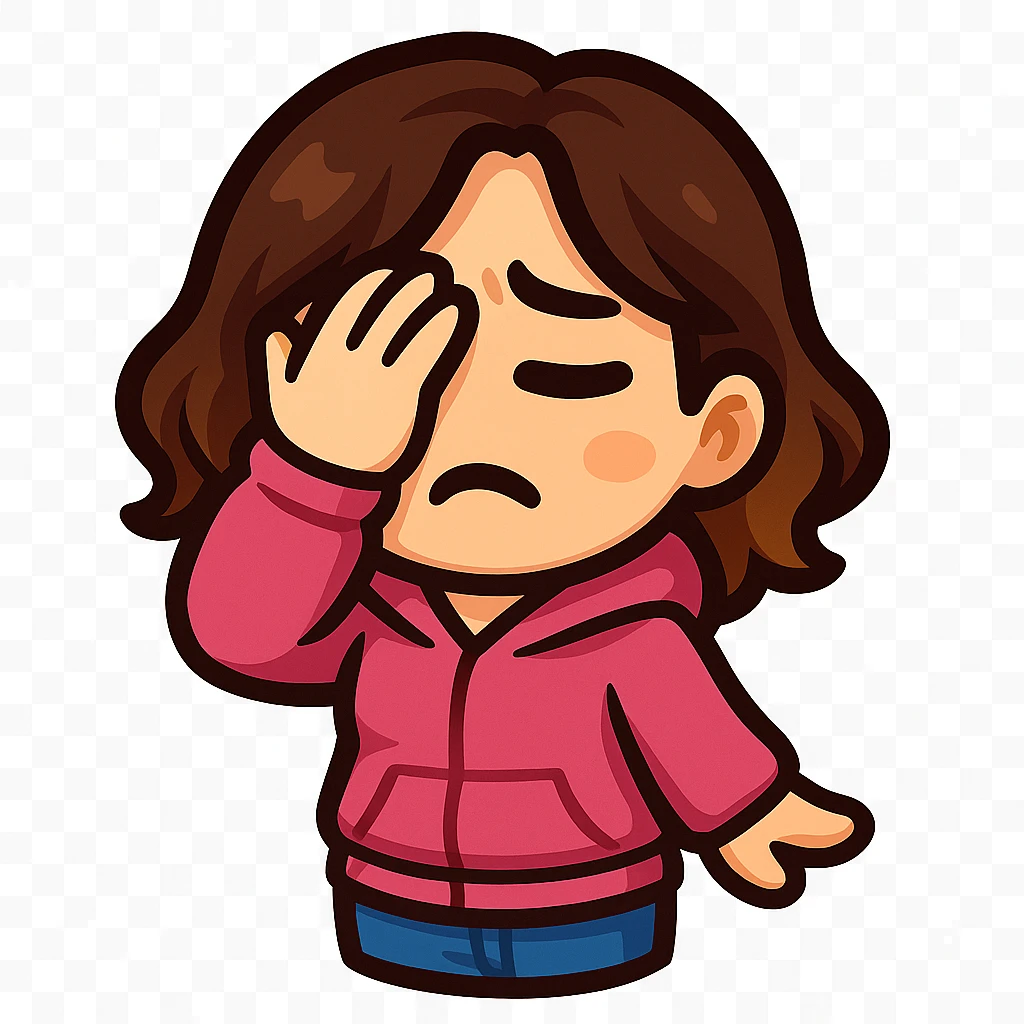 Create a chibi emote of a woman from the reference wearing a pink hoodie and jeans, facepalming, no headband, no wand, matching the attached green heart emote as a base, transparent background emoji