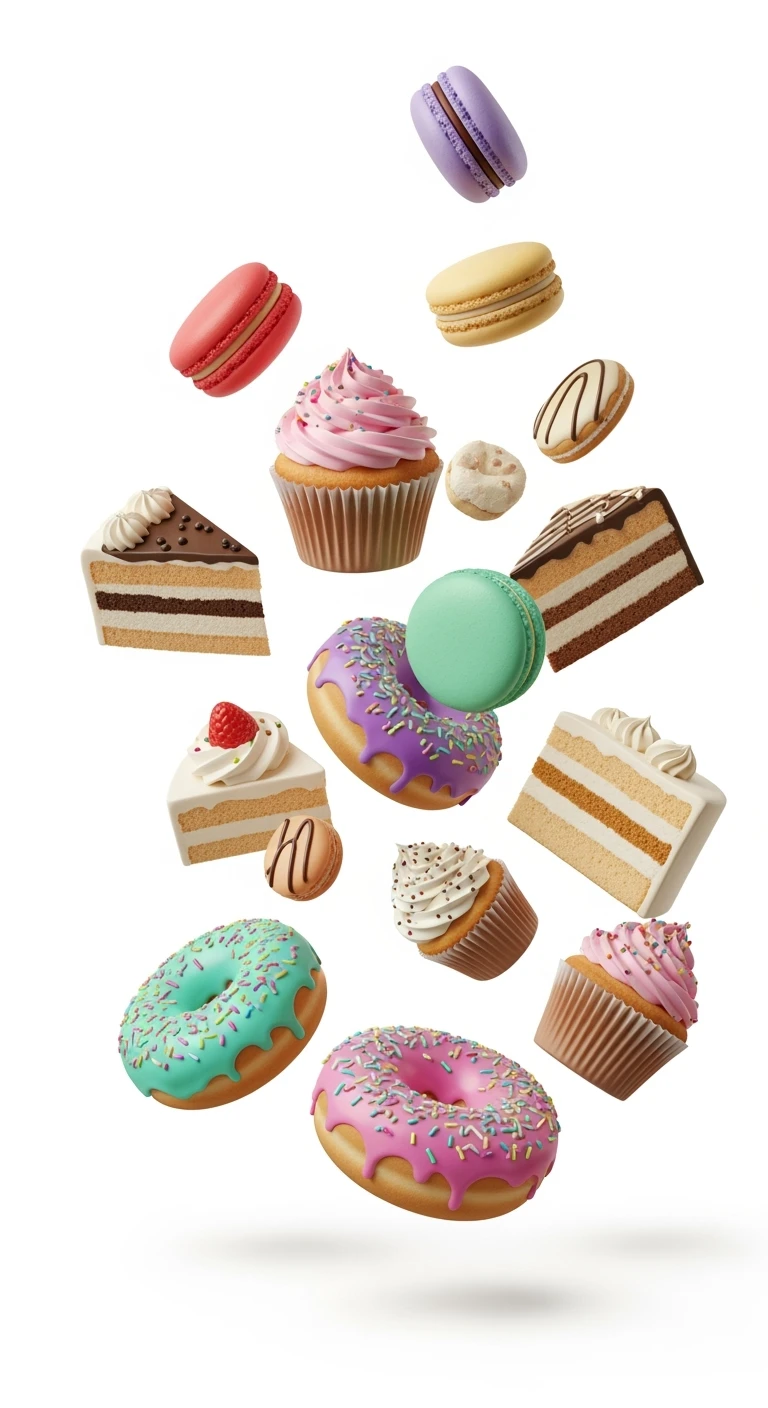 dolci che fluttuano, sfondo bianco emoji